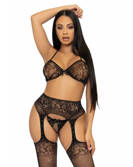 LEG AVENUE - SET TRES PIEZAS SUJETADOR, TANGA Y MEDIAS TALLA UNICA - NEGRO