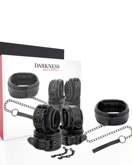 DARKNESS - BLACK LEATHER HANDCUFFS AND COLLAR