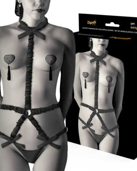COQUETTE CHIC DESIRE - ELASTIC HARNESS SET AND NIPPLE COVERS BLACK