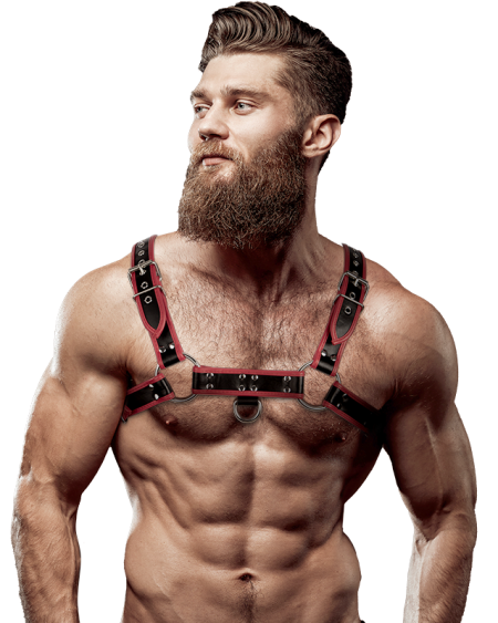 FETISH SUBMISSIVE ATTITUDE - MENS ECO-LEATHER CHEST HARNESS BLACK/RED