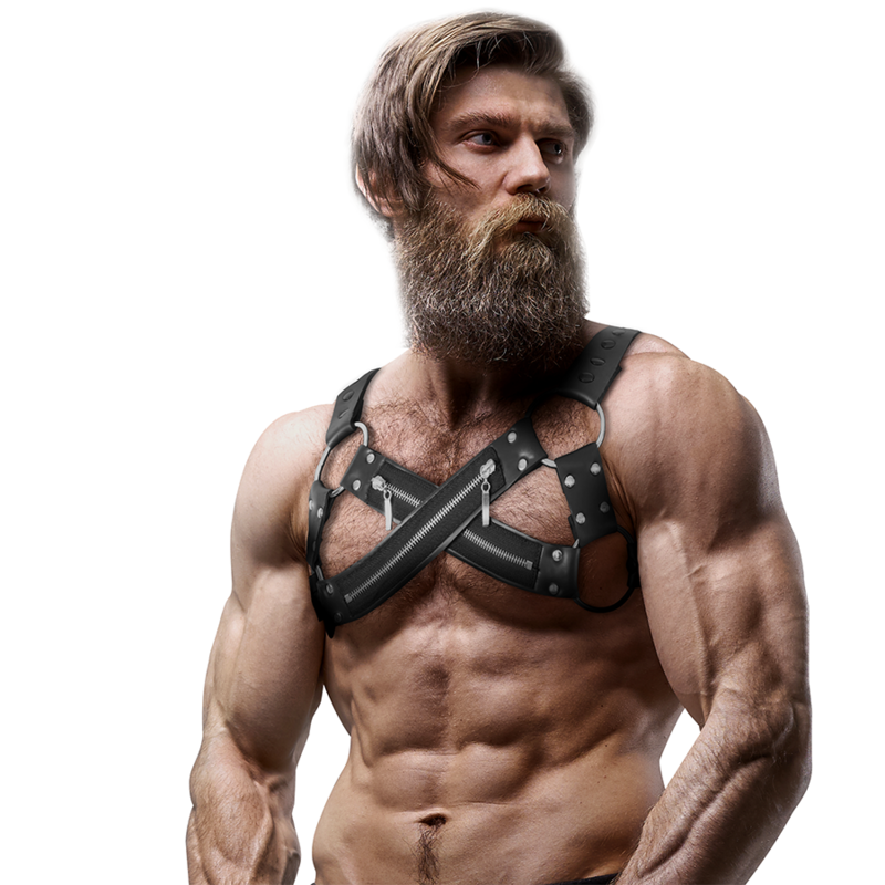 FETISH SUBMISSIVE ATTITUDE - ADJUSTABLE NEOPRENE CROSS-OVER CHEST BULLDOG HARNESS WITH ZIPPERS FOR MEN - Imagem de 4