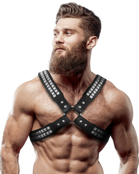 FETISH SUBMISSIVE ATTITUDE - MENS CROSSED CHEST ECO-LEATHER HARNESS WITH RIVETS