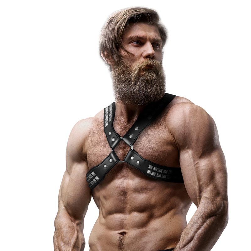 FETISH SUBMISSIVE ATTITUDE - MENS CROSSED CHEST ECO-LEATHER HARNESS WITH RIVETS - Imagem de 4