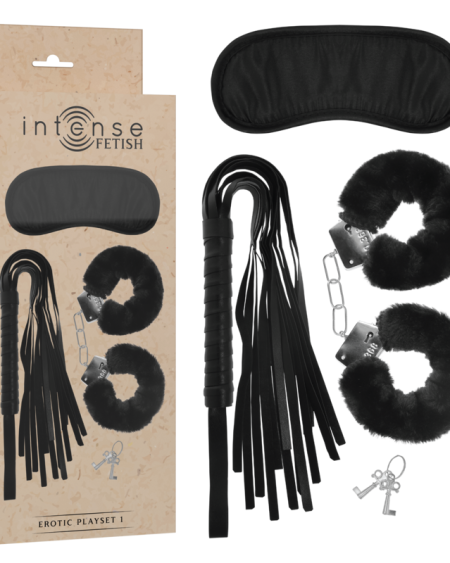 INTENSE - FETISH EROTIC PLAYSET 1 WITH HANDCUFFS, BLIND MASK AND FLOGGER