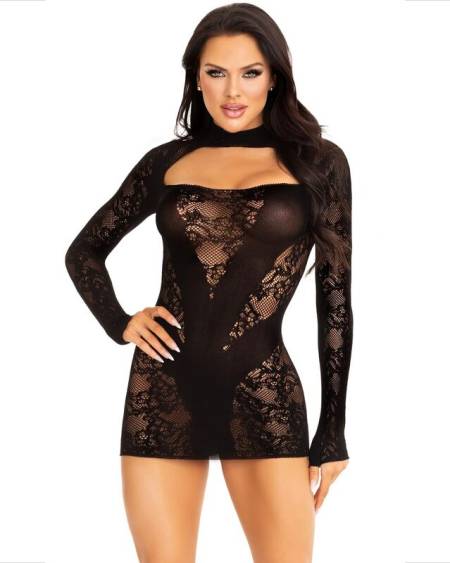 LEG AVENUE - MINI DRESS WITH LACE LONG SLEEVE BLACK