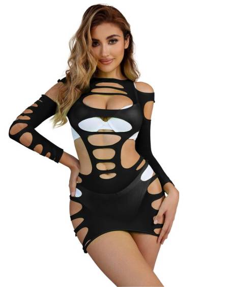 SUBBLIME - 952266 LONG SLEEVE ELASTIC FISHNET DRESS BLACK ONE SIZE