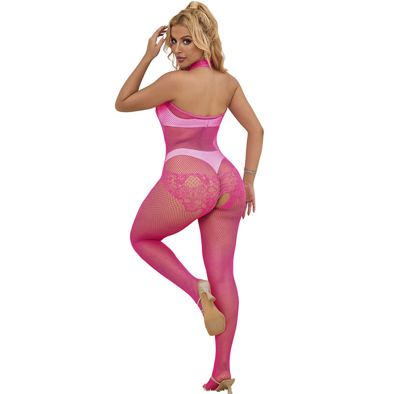 SUBBLIME - 952389 FISHNET AND LACE CROTCHLESS BODYSTOCKING WITH HIGH NECK PINK ONE SIZE - Imagem de 2