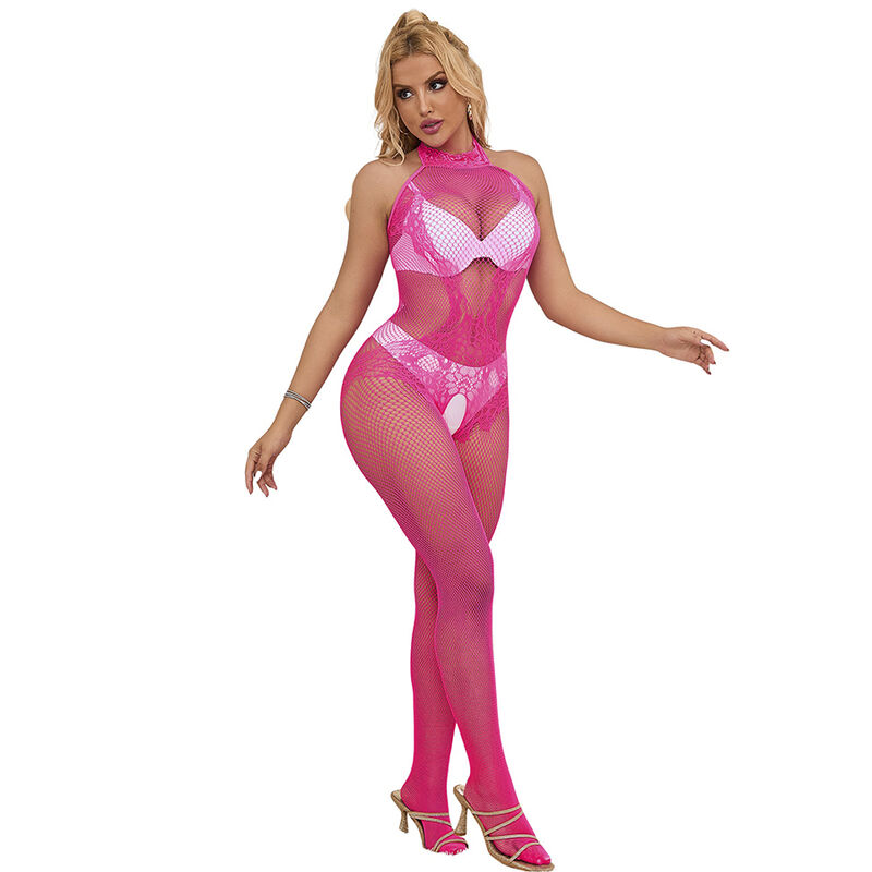 SUBBLIME - 952389 FISHNET AND LACE CROTCHLESS BODYSTOCKING WITH HIGH NECK PINK ONE SIZE - Imagem de 5