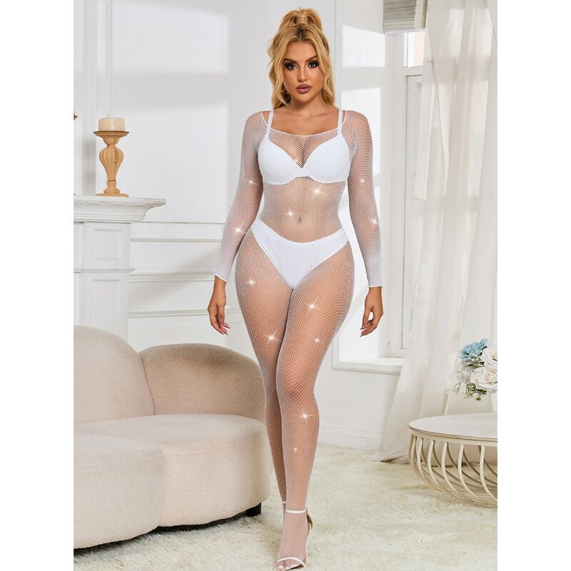 SUBBLIME - 952396 FISHNET BODYSTOCKING WITH DIAMONDS LONG SLEEVE WHITE ONE SIZE - Imagem de 4