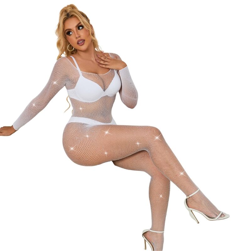 SUBBLIME - 952396 FISHNET BODYSTOCKING WITH DIAMONDS LONG SLEEVE WHITE ONE SIZE - Imagem de 3