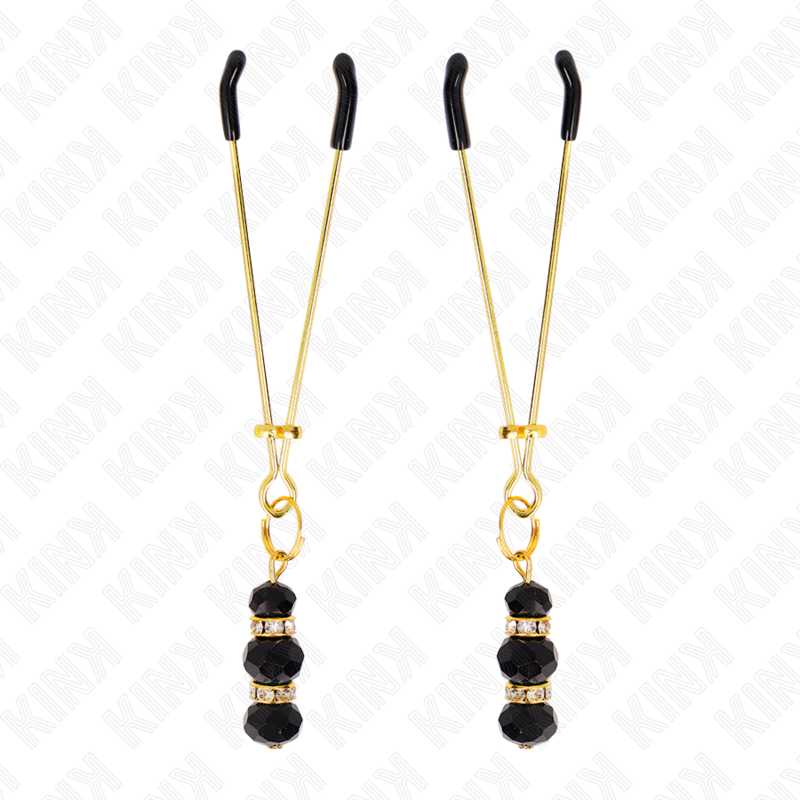 KINK - GOLD THIN NIPPLE CLAMPS WITH 3 BLACK GLASS BEADS 7 CM - Imagem de 2