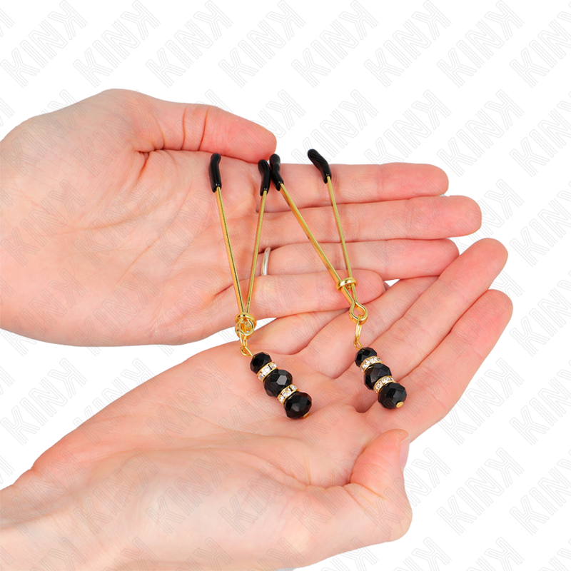 KINK - GOLD THIN NIPPLE CLAMPS WITH 3 BLACK GLASS BEADS 7 CM - Imagem de 3