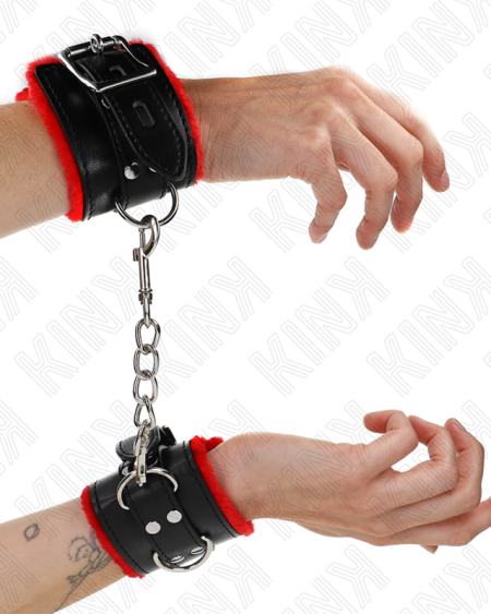 KINK - FUR LINED WRIST RESTRAINTS WITH SQUARE HOLES RED AND BLACK BELT ADJUSTABLE 17-29 CM X 6 CM