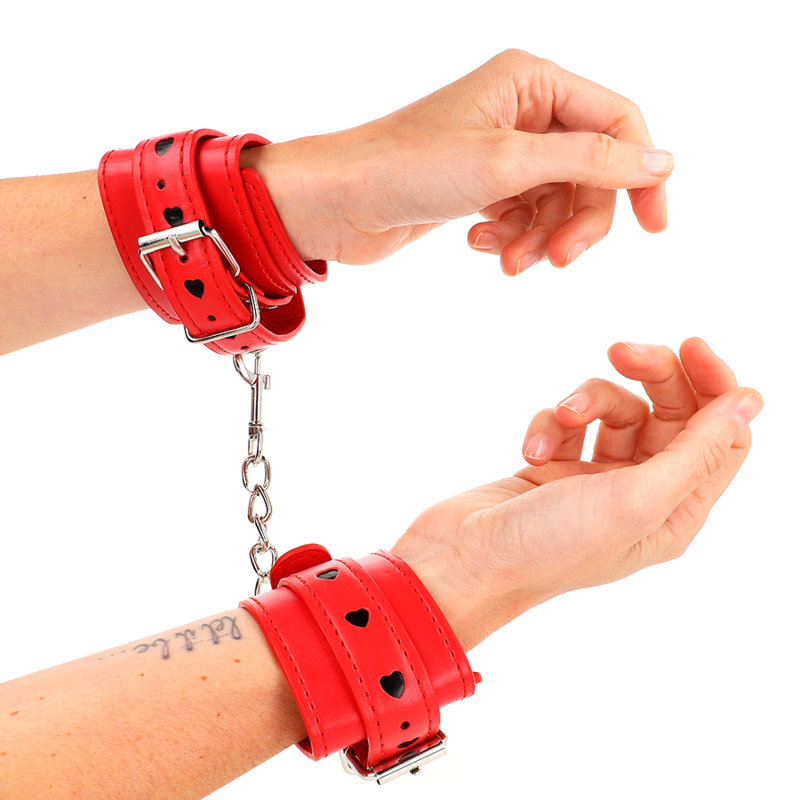 KINK - RED WRIST RESTRAINTS WITH BLACK HEART INLAY ADJUSTABLE 21-28 CM X 5.5 CM - Imagem de 3