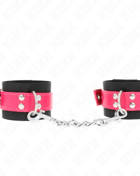 KINK - NYLON WRIST RESTRAINTS BLACK WITH LEATHERETTE BELT RASPBERRY ROSE ADJUSTABLE 19-29 CM X 5.1 CM