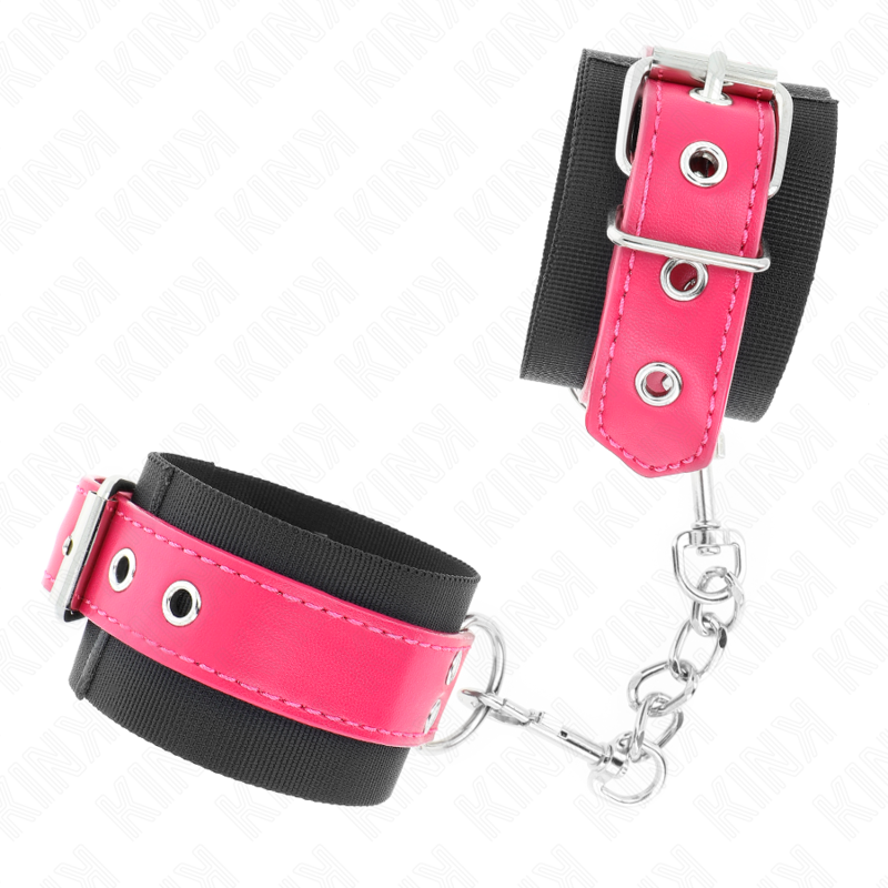 KINK - NYLON WRIST RESTRAINTS BLACK WITH LEATHERETTE BELT RASPBERRY ROSE ADJUSTABLE 19-29 CM X 5.1 CM - Imagem de 2