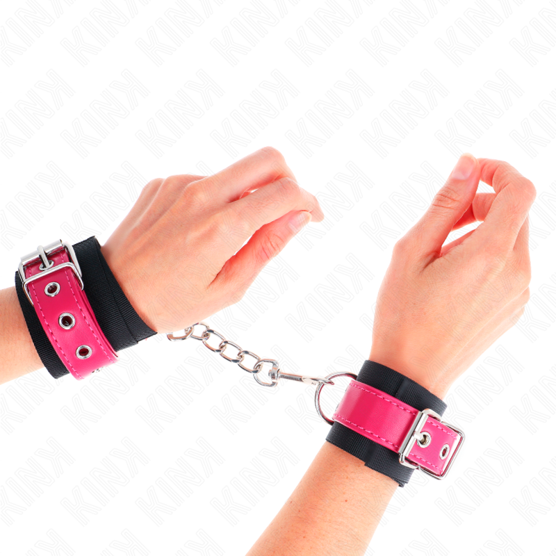 KINK - NYLON WRIST RESTRAINTS BLACK WITH LEATHERETTE BELT RASPBERRY ROSE ADJUSTABLE 19-29 CM X 5.1 CM - Imagem de 4