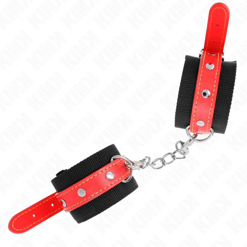 KINK - NYLON WRIST RESTRAINTS BLACK WITH LEATHERETTE RED ADJUSTABLE 19-24 CM X 5.5 CM - Imagem de 2