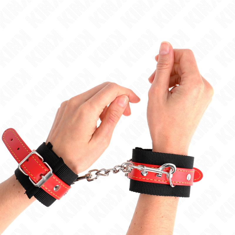 KINK - NYLON WRIST RESTRAINTS BLACK WITH LEATHERETTE RED ADJUSTABLE 19-24 CM X 5.5 CM - Imagem de 4