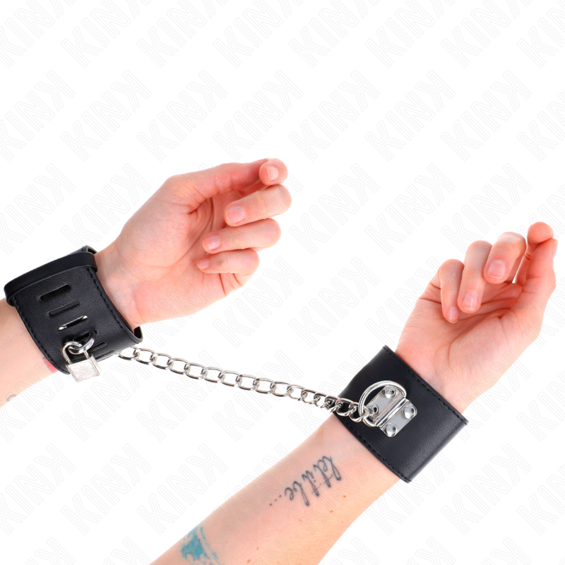KINK - FIXED WRIST RESTRAINTS WITH CHAIN 30 CM AND PADLOCK CLOSURE BLACK ADJUSTABLE 16-23 CM X 5.5 CM - Imagem de 4