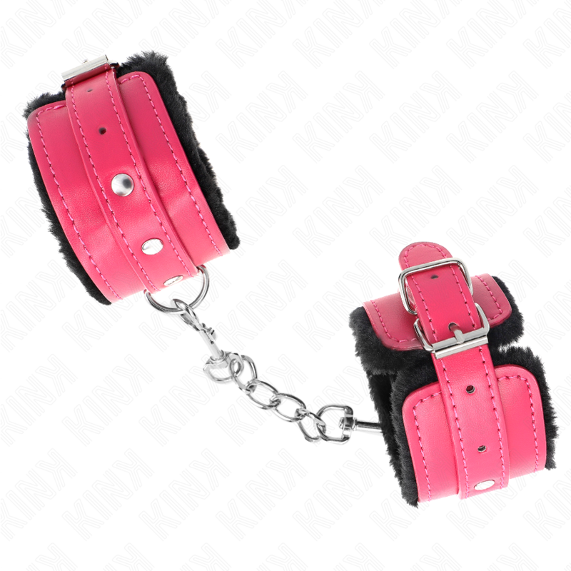 KINK - PREMIUM FUR LINED WRIST RESTRAINTS BLACK WITH RASPBERRY ROSE BELT ADJUSTABLE 17-29 CM X 6 CM - Imagem de 2