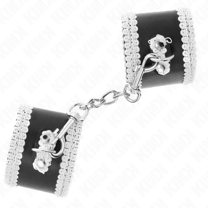 KINK - BLACK WRIST RESTRAINTS WITH WHITE DECORATE LACE ADJSUTABLE 20-23 CM X 5.5 CM - Imagem de 2