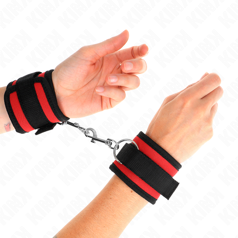KINK - NYLON BIND HOOKLOOP WRIST RESTRAINTS RED-BLACK MODEL 2 ADJUSTABLE 18-35 CM X 6 CM - Imagem de 4