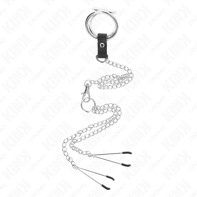 KINK - TRIPLE CHROME METAL PENIS RING 3 CM TO 4.5 CM WITH 26 CM METAL CHAIN AND NIPPLE CLIPS - Imagem de 3