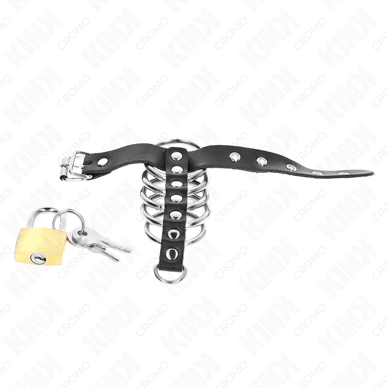KINK - LEATHER PENIS RING WITH LOCK STRAP 21 X 2 CM AND 5 METAL RINGS FROM 3 CM TO 4 CM - Imagem de 5