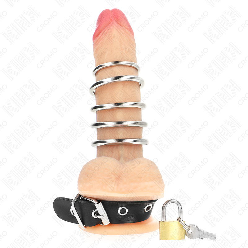 KINK - LEATHER PENIS RING WITH LOCK STRAP 21 X 2 CM AND 5 METAL RINGS FROM 3 CM TO 4 CM - Imagem de 2