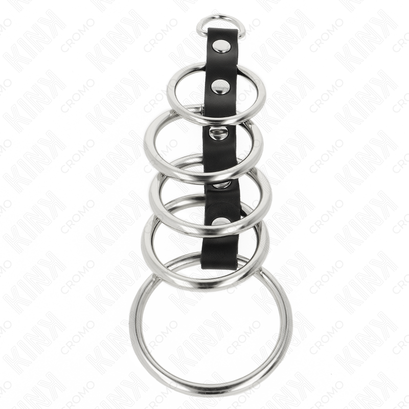 KINK - 5 METAL PENIS RINGS 3.2 CM TO 5 CM CONNECTED BY LEATHER - Imagem de 3