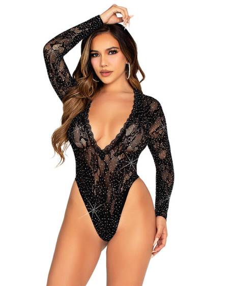 LEG AVENUE - LACE AND LONG SLEEVE BODY WITH DIAMONDS BLACK ONE SIZE