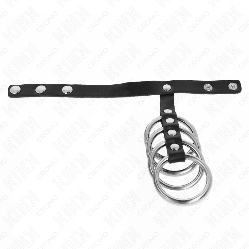 KINK - 4 METAL PENIS RINGS 3.8 CM CONNECTED WITH LEATHER STRAP 22 X 1.5 CM AND PRESSURE CLOSURE - Imagem de 3