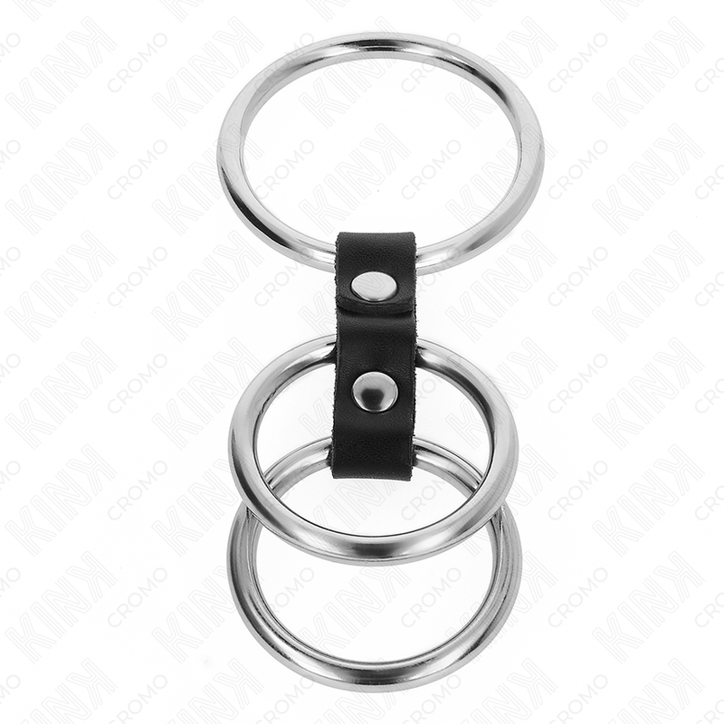 KINK - TRIPLE METAL PENIS RING 3.7 CM TO 5 CM CONNECTED WITH LEATHER - Imagem de 3