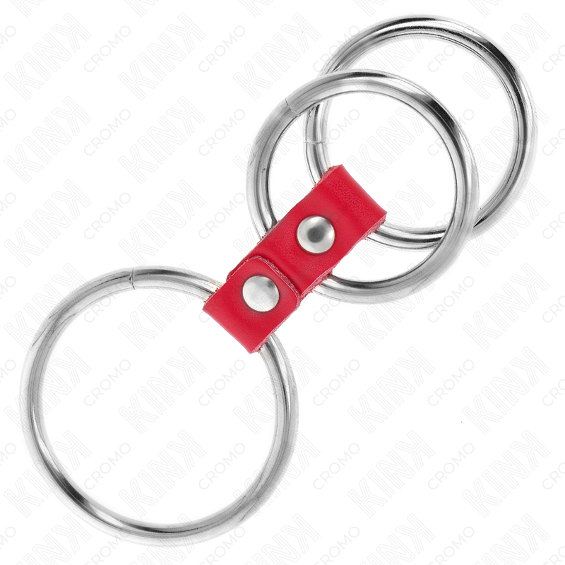 KINK - TRIPLE METAL PENIS RING 3.7 CM TO 5 CM CONNECTED WITH RED LEATHER - Imagem de 3