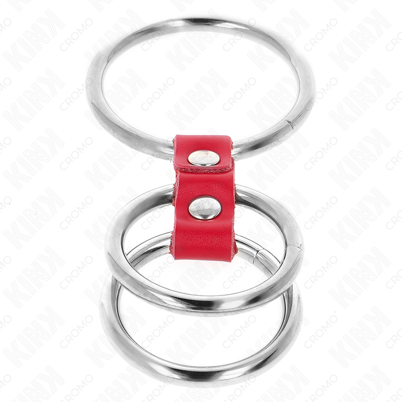 KINK - TRIPLE METAL PENIS RING 3.7 CM TO 5 CM CONNECTED WITH RED LEATHER - Imagem de 4
