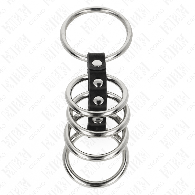 KINK - 5 PENIS RINGS 3.7 CM TO 5 CM METAL CONNECTED BY LEATHER - Imagem de 3