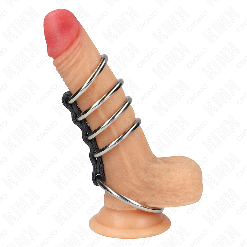 KINK - 5 PENIS RINGS 3.7 CM TO 5 CM METAL CONNECTED BY LEATHER - Imagem de 2