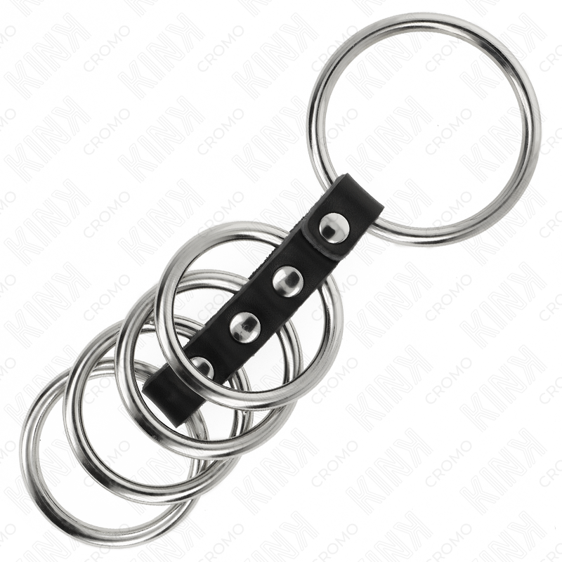 KINK - 5 PENIS RINGS 3.7 CM TO 5 CM METAL CONNECTED BY LEATHER - Imagem de 4