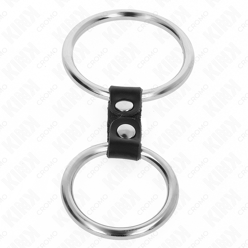 KINK - DOUBLE METAL PENIS RING 3.7 CM TO 5 CM CONNECTED BY LEATHER STRAP MODEL 2 - Imagem de 3