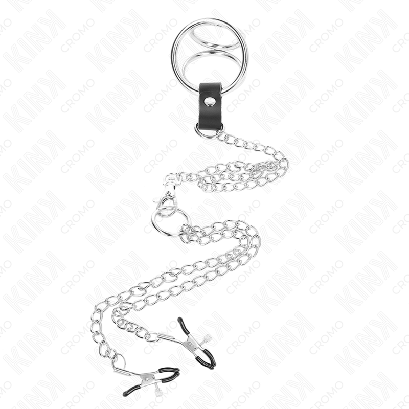 KINK - TRIPLE CHROME METAL PENIS RING 3.8 CM TO 5 CM WITH 26 CM METAL CHAIN AND NIPPLE CLAMPS MODEL 1 - Imagem de 3