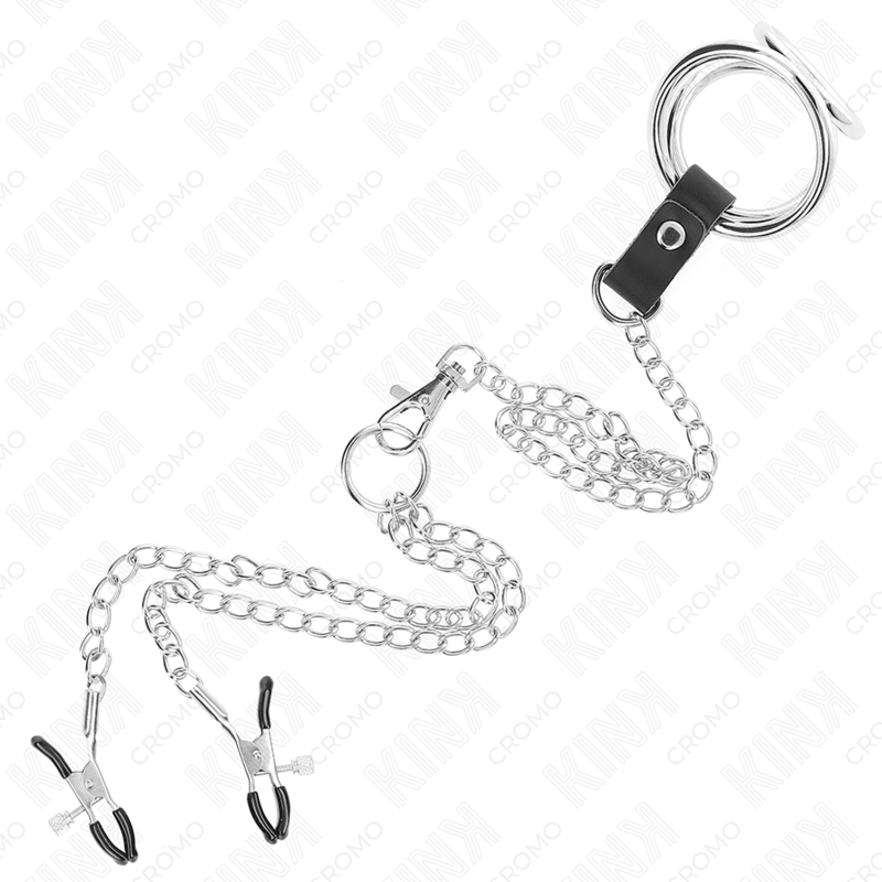 KINK - TRIPLE CHROME METAL PENIS RING 3.8 CM TO 5 CM WITH 26 CM METAL CHAIN AND NIPPLE CLAMPS MODEL 1 - Imagem de 5