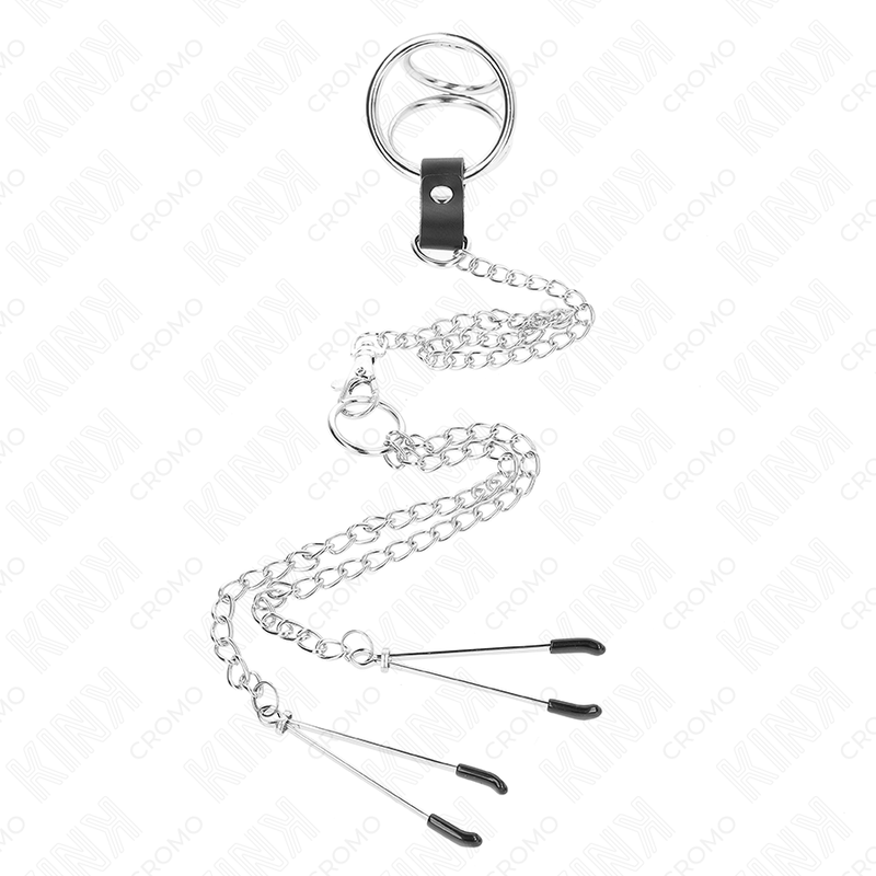 KINK - TRIPLE CHROME METAL PENIS RING 3.8 CM TO 5 CM WITH 26 CM METAL CHAIN AND NIPPLE CLAMPS MODEL 2 - Imagem de 3