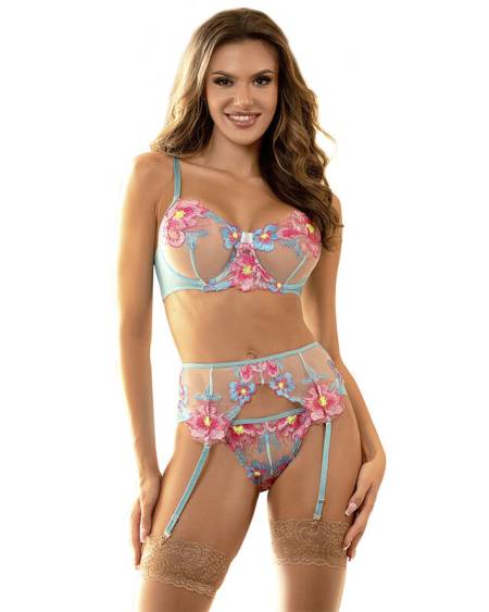 SUBBLIME - 954109 BRA + PANTIES WITH GARTER BELT FLORAL DESIGN BLUE S/M