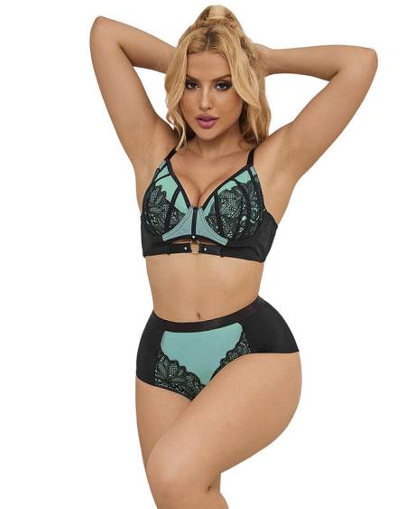 SUBBLIME - 955564 GREEN PATENT LEATHER MESH ZIPPER BRA SET L/XL