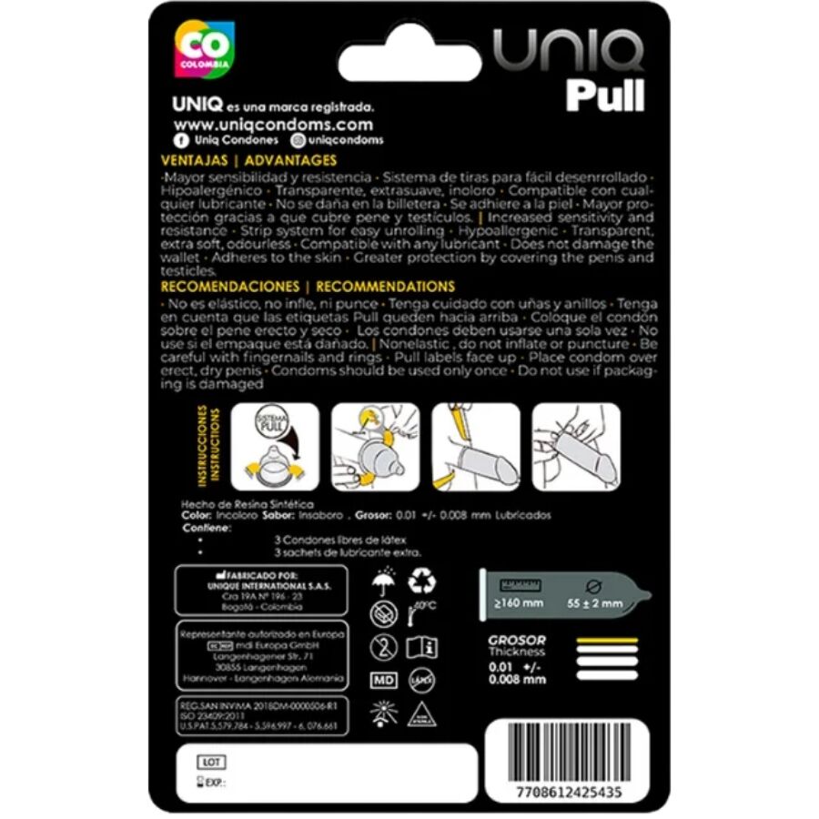 UNIQ - PULL LATEX FREE CONDOMS WITH STRIPS 3 UNITS - Imagem de 2