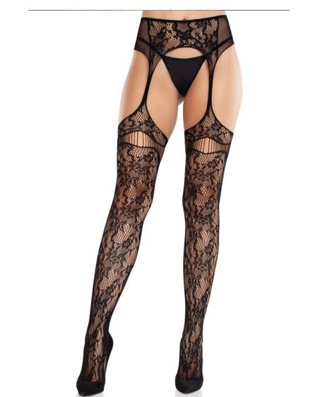 LEG AVENUE - LACE STOCKINGS WITH GARTERS BLACK