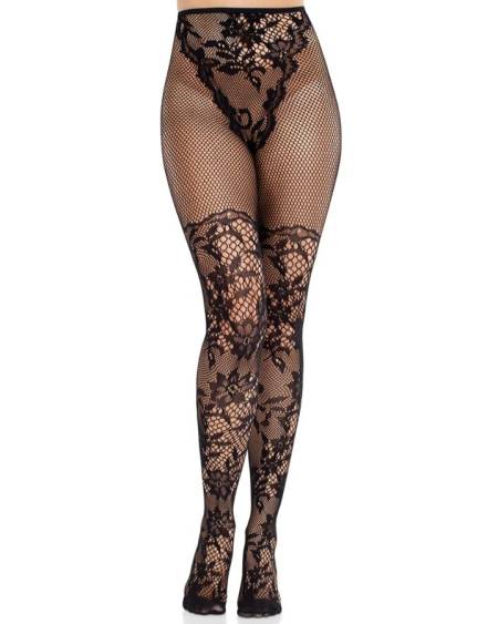 LEG AVENUE - DAHLIA LACE STOCKINGS WITH NET DETAIL BLACK