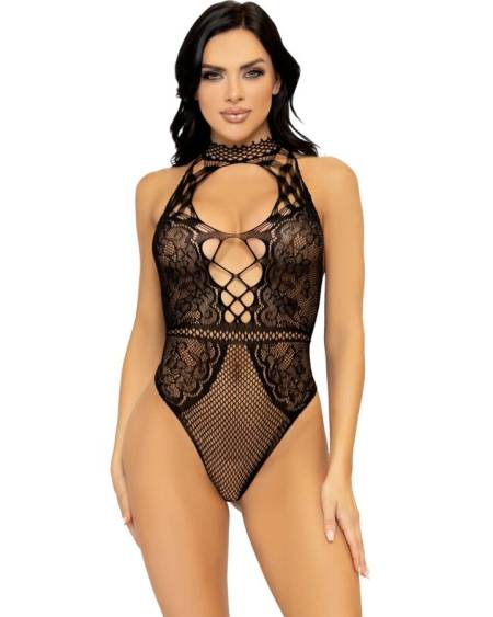 LEG AVENUE - NET AND LACE KEYHOLE HALTER BODYSUIT ONE SIZE