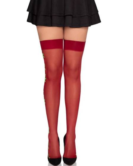 LEG AVENUE - 1957 GARTER BELT STOCKINGS WITH RED FLOWERS - ONE SIZE